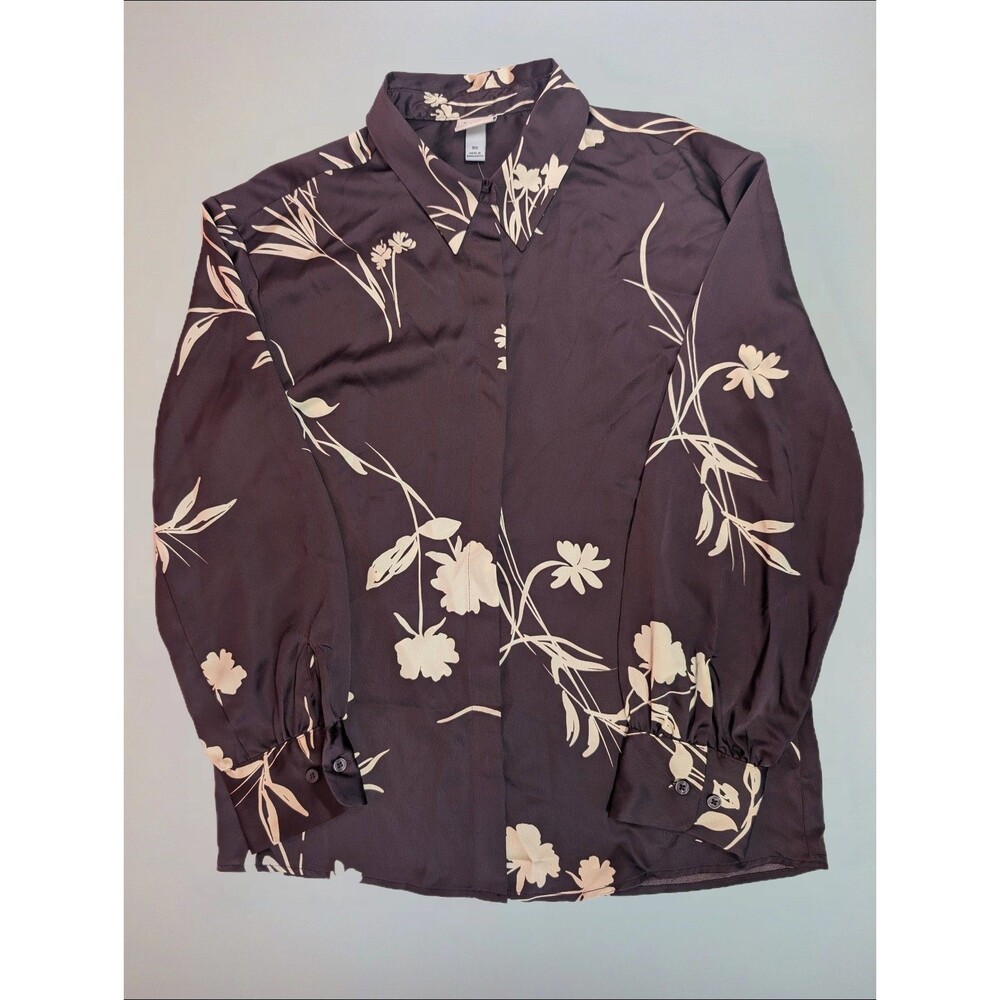 Women's A New Day Long Sleeve Button Up Satin Blouse Brown Floral XS